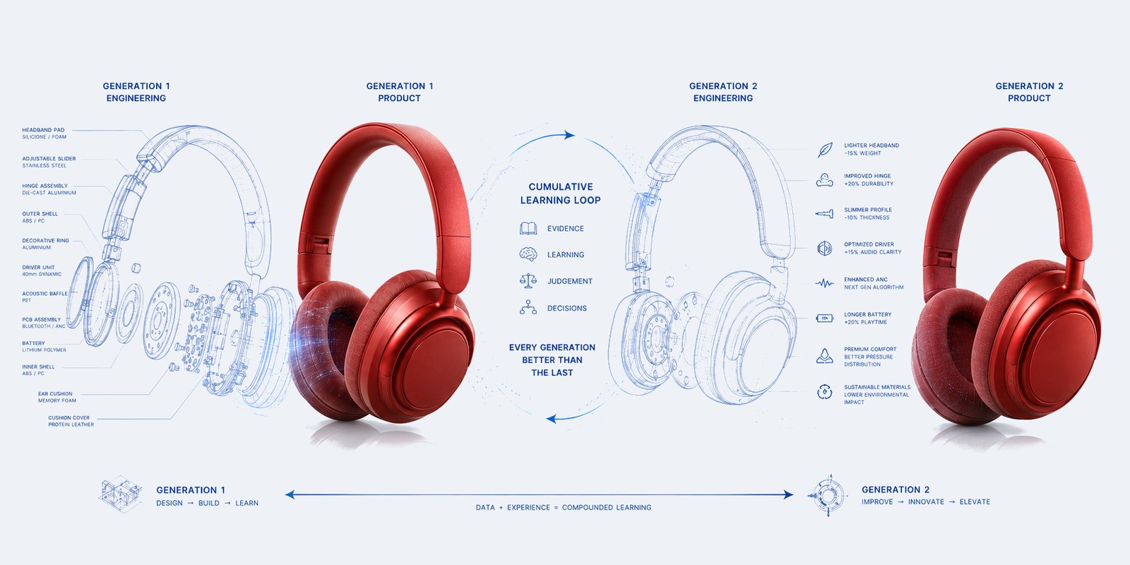 Two product generations shown side by side with their engineering exploded views, connected by a cumulative learning loop of evidence, learning, judgement and decisions — each generation improving on the specifications of the last